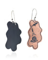 Pair of handmade and designed copper earrings on a white background. Back and Front View. v5