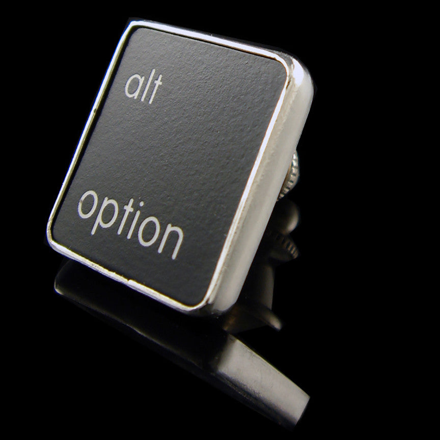 Sterling silver Alternative Option tie tack pin with recycled Mac keyboard key and polished finish