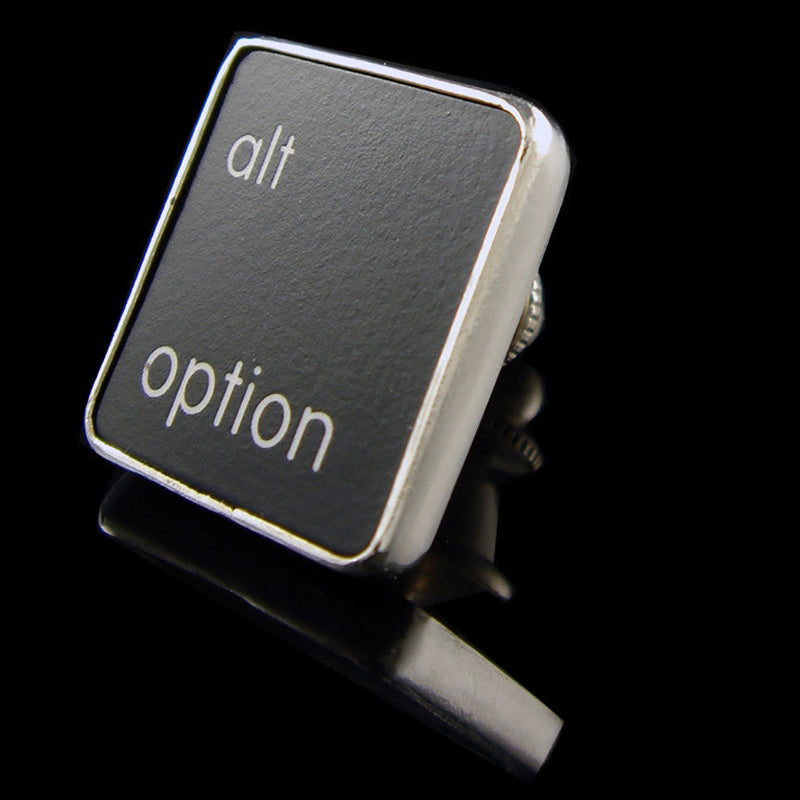 Sterling silver Alternative Option tie tack pin with recycled Mac keyboard key and polished finish