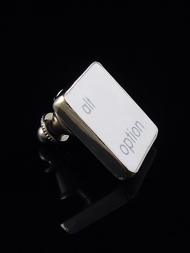 Sterling silver Alternative Option tie tack pin with recycled Mac keyboard key and polished finish