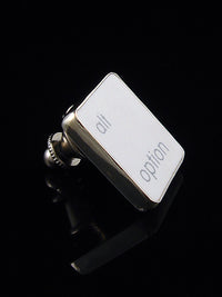 Sterling silver Alternative Option tie tack pin with recycled Mac keyboard key and polished finish