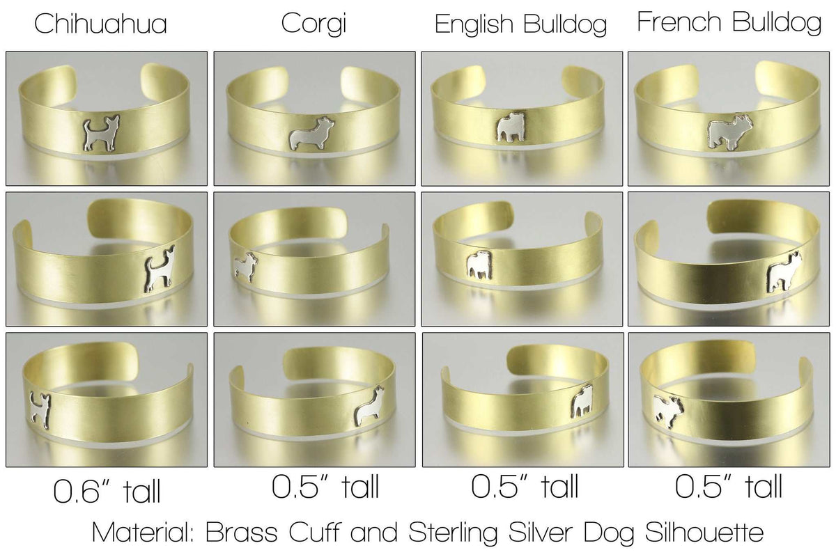 Adjustable Brass Dog Breed Silhouette Cuff Bracelet – Stylish Dog Owner Jewelry: Cuff Info Sheet #1