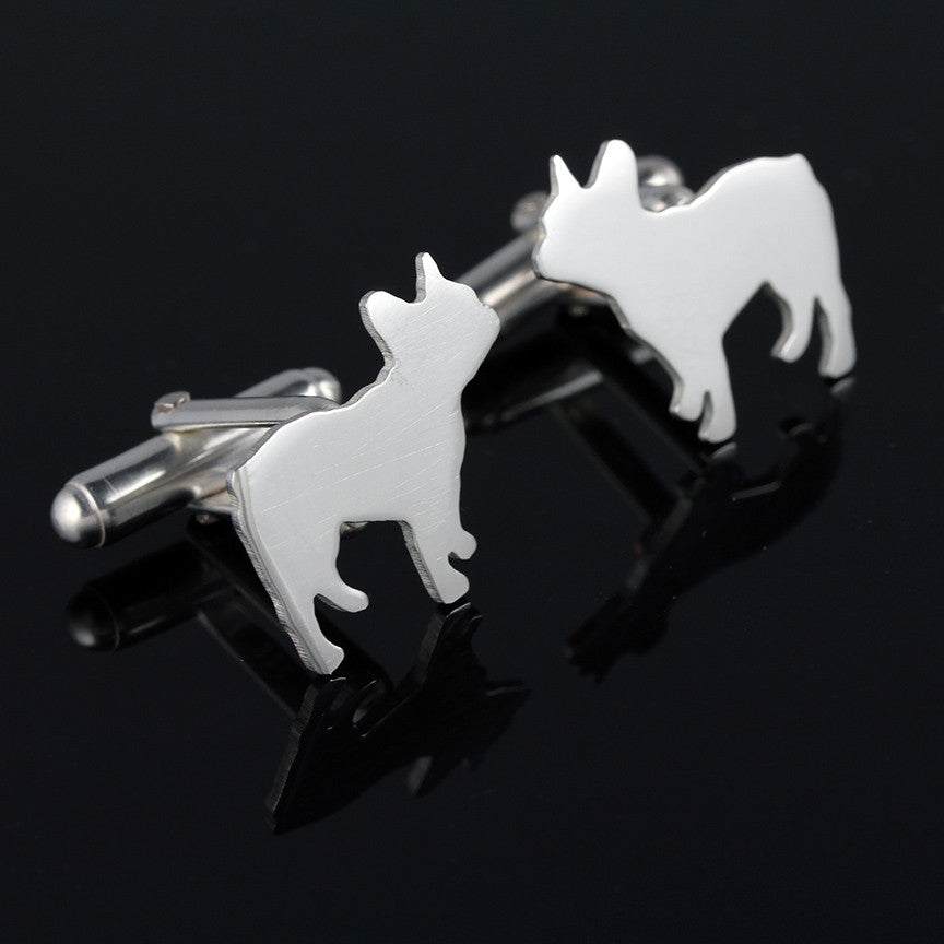 French Bulldog handcrafted sterling silver dog breed silhouette cufflinks with copper heart - Front View