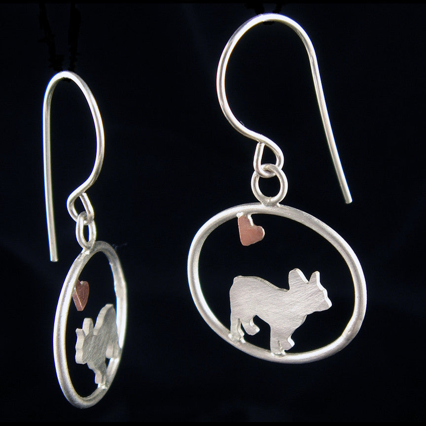 French Bulldog Dangle Earrings with Heart ♥