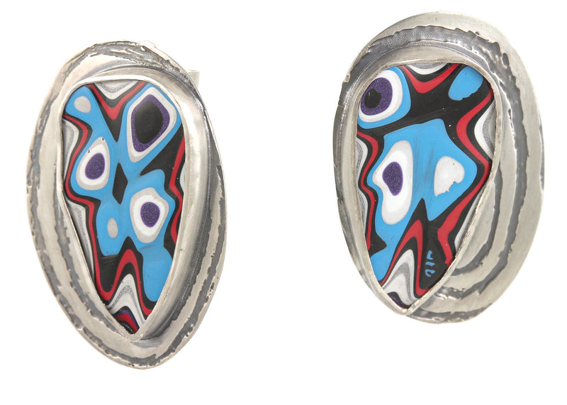 Red, Blue, White and Black Fordite Cab Studs